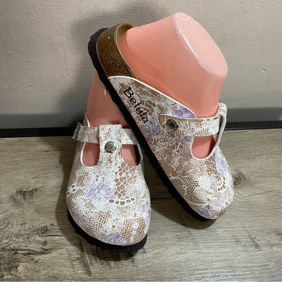 Women BETULA BIRKENSTOCK Beige FLORAL Lace BOSTON Foot Bed COMFORT Leather CLOGS - Picture 2 of 6